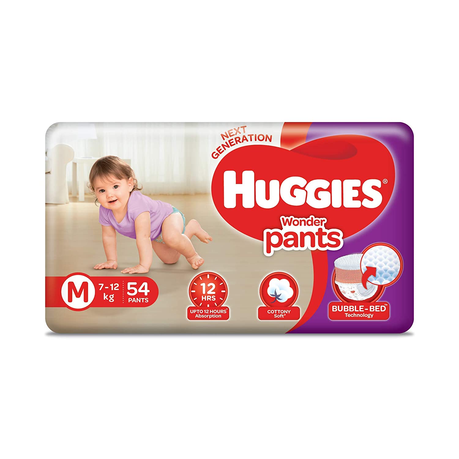 Huggies Wonder Pants Medium (M) Size Diaper Pants, 54 count, with Bubble Bed Technology for comfort